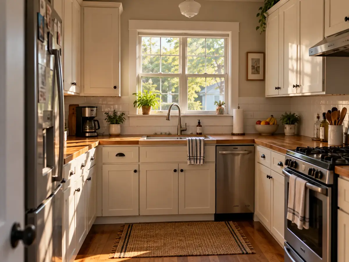 A lived-in kitchen with white cabinets, a butcher-block counter and a window over the sink in warm morning light